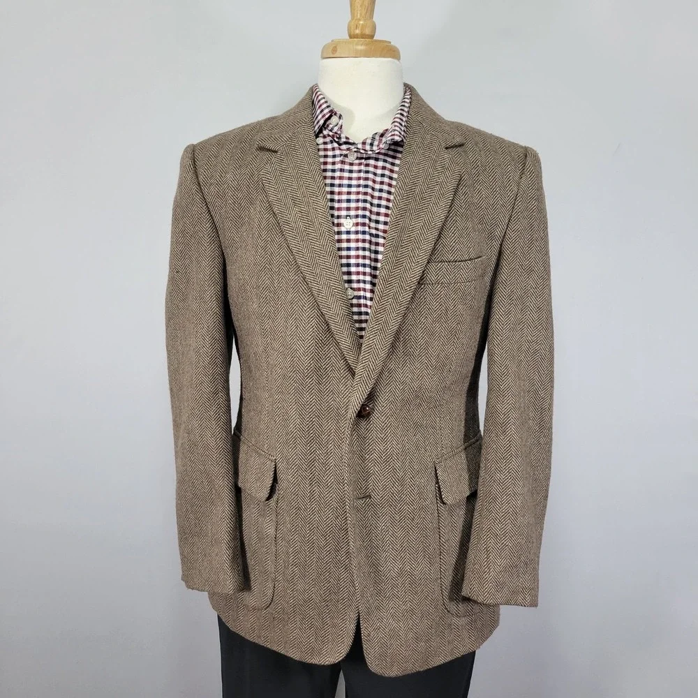 Joe Namath Men's Tweed Sport‎ Coat Blazer Brown Herringbone Polyester Wool 42S